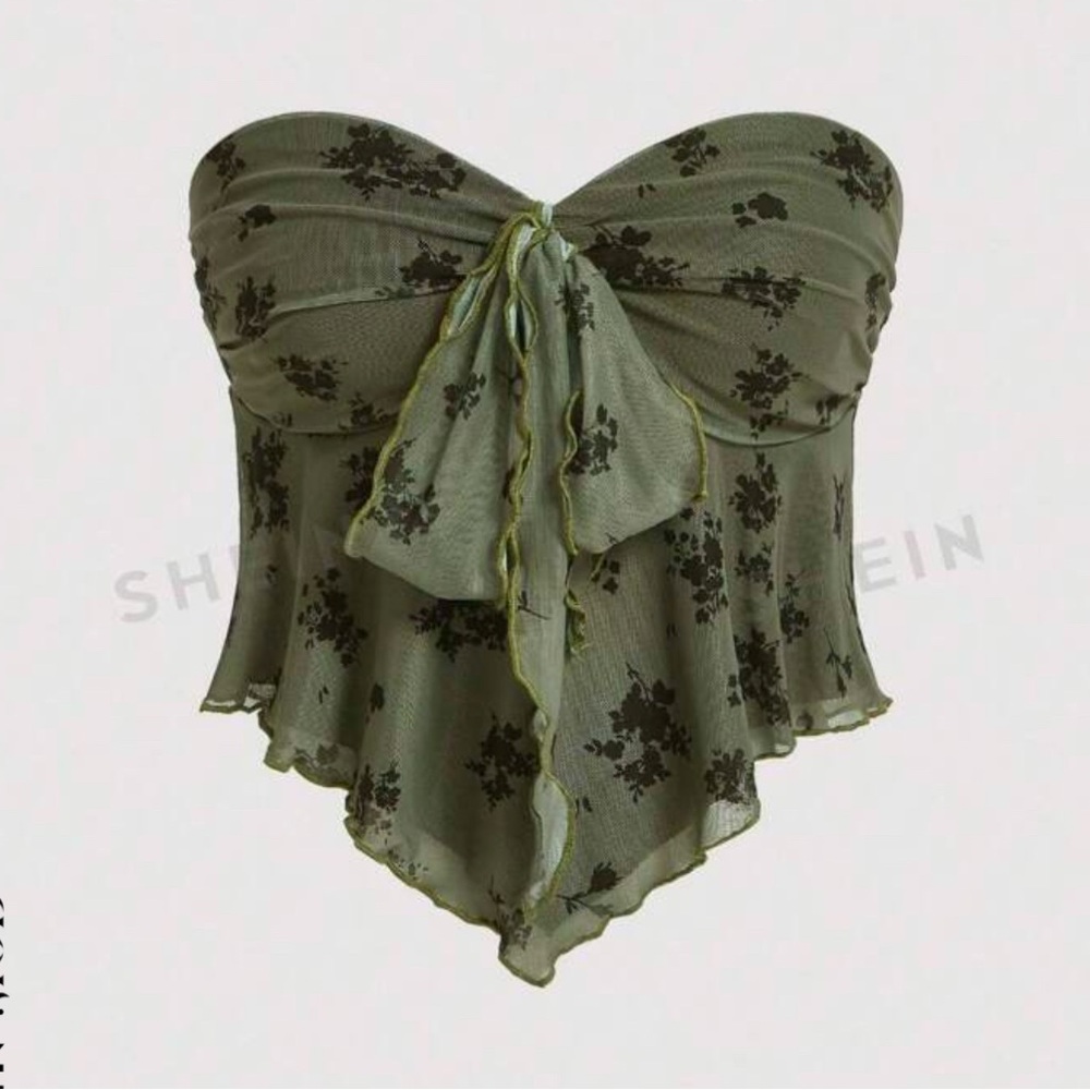 Shein Olive Green Floral Strapless Top